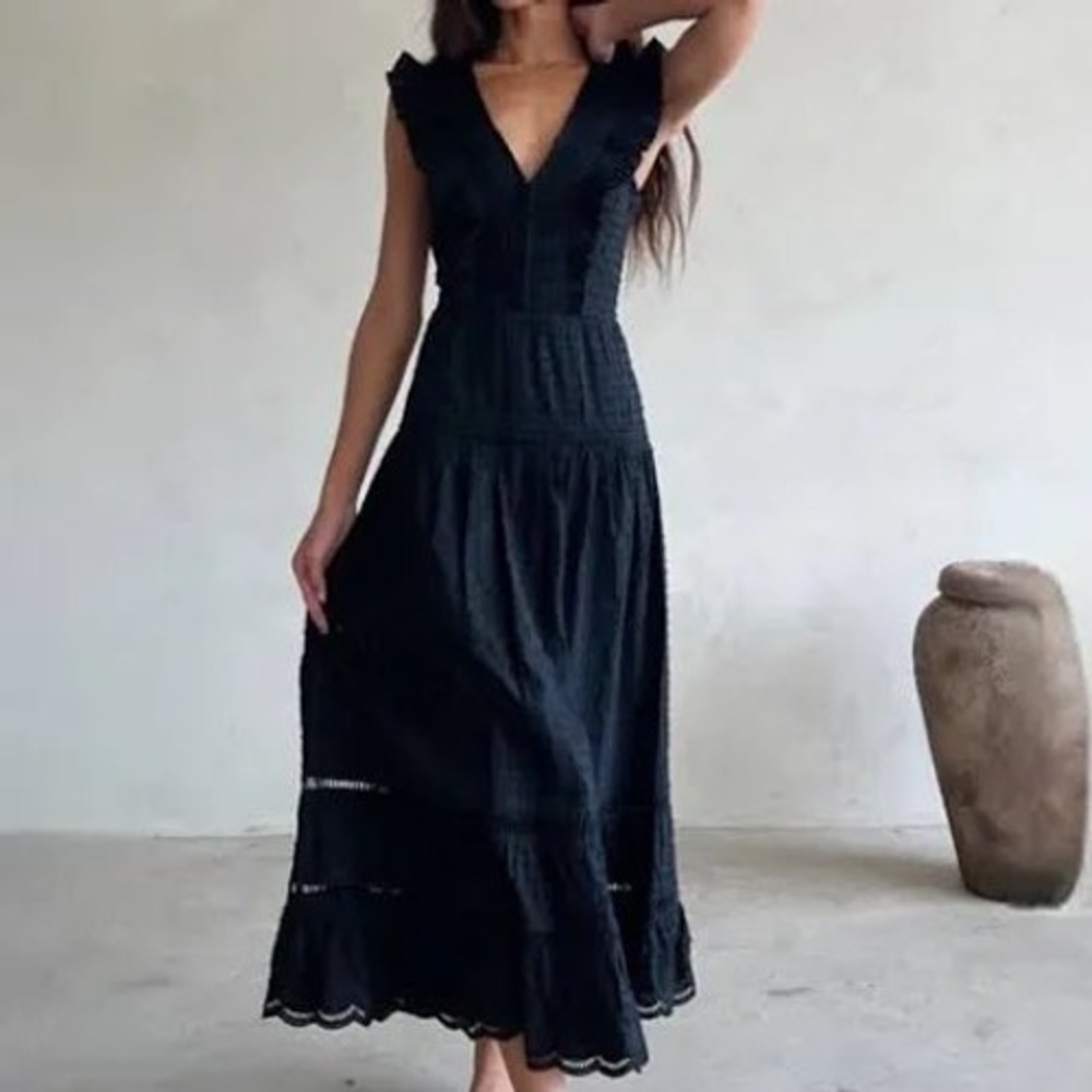 btb Los Angeles Women Black Cotton Ruffle Tiered Maxi Dress Large Boho Eyelet